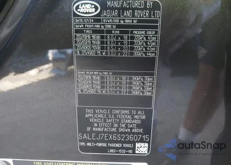 2025 Land Rover Defender 110 P300 z USA, uszkodzony, nr VIN SALEJ7EX6S2360715